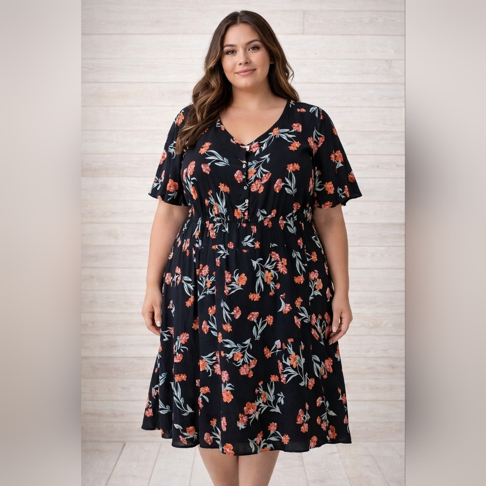 Blush Black Floral Dress – Size 3XL | Button Front Short Sleeve Flowy Midi Dress - Picture 1 of 6